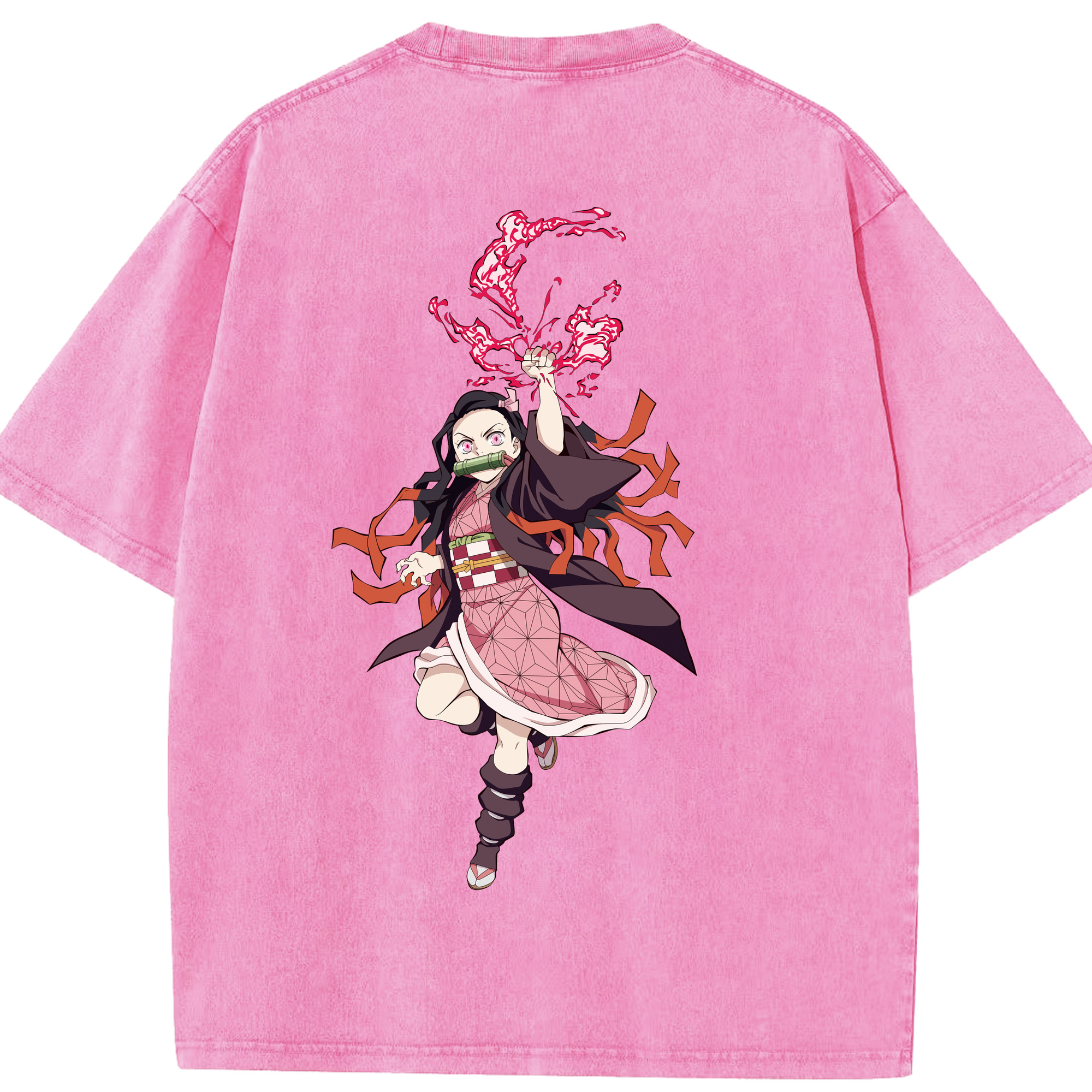 （画像用） 鬼滅の刃（きめつのやいば）竈門 禰󠄀豆子／かまど ねずこ Kamado Nezuko 綿100% ヴィンテージ風 半袖Tシャツ（背面プリント）